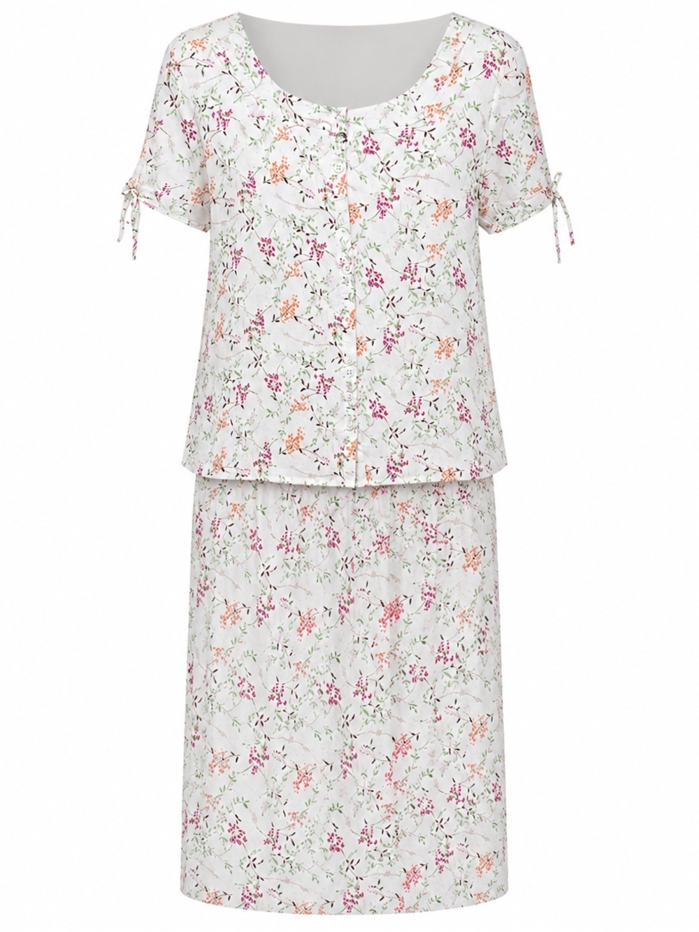 Women's Floral Two-Piece Sleep Set - White with Pink & Green Floral